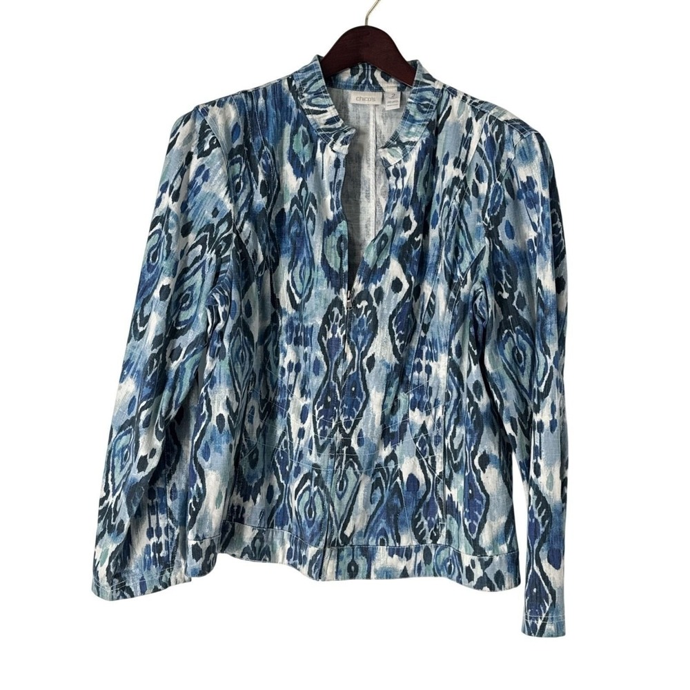 Chico's L Blue Ikat Print Zip Front Linen Cotton Blend Jacket Women's Size 2 - Picture 1 of 7